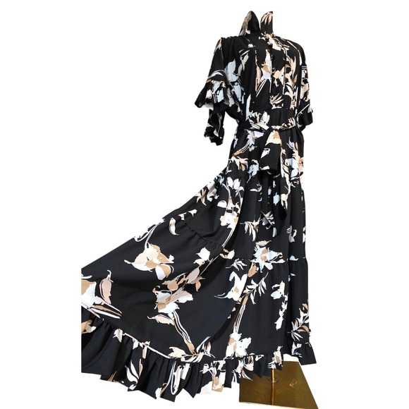 Sue Sartor by antrhopologie Floral Maxi Dress Mandarin Collar Belted Large - Picture 5 of 16